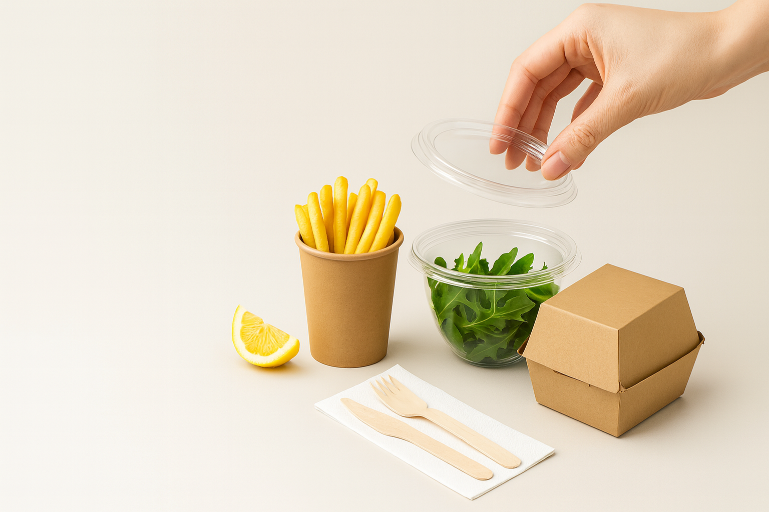 Ambalaje HoReCa din carton kraft: caserolă burger, pahar cafea, bol salată și tacâmuri din lemn – NetPack