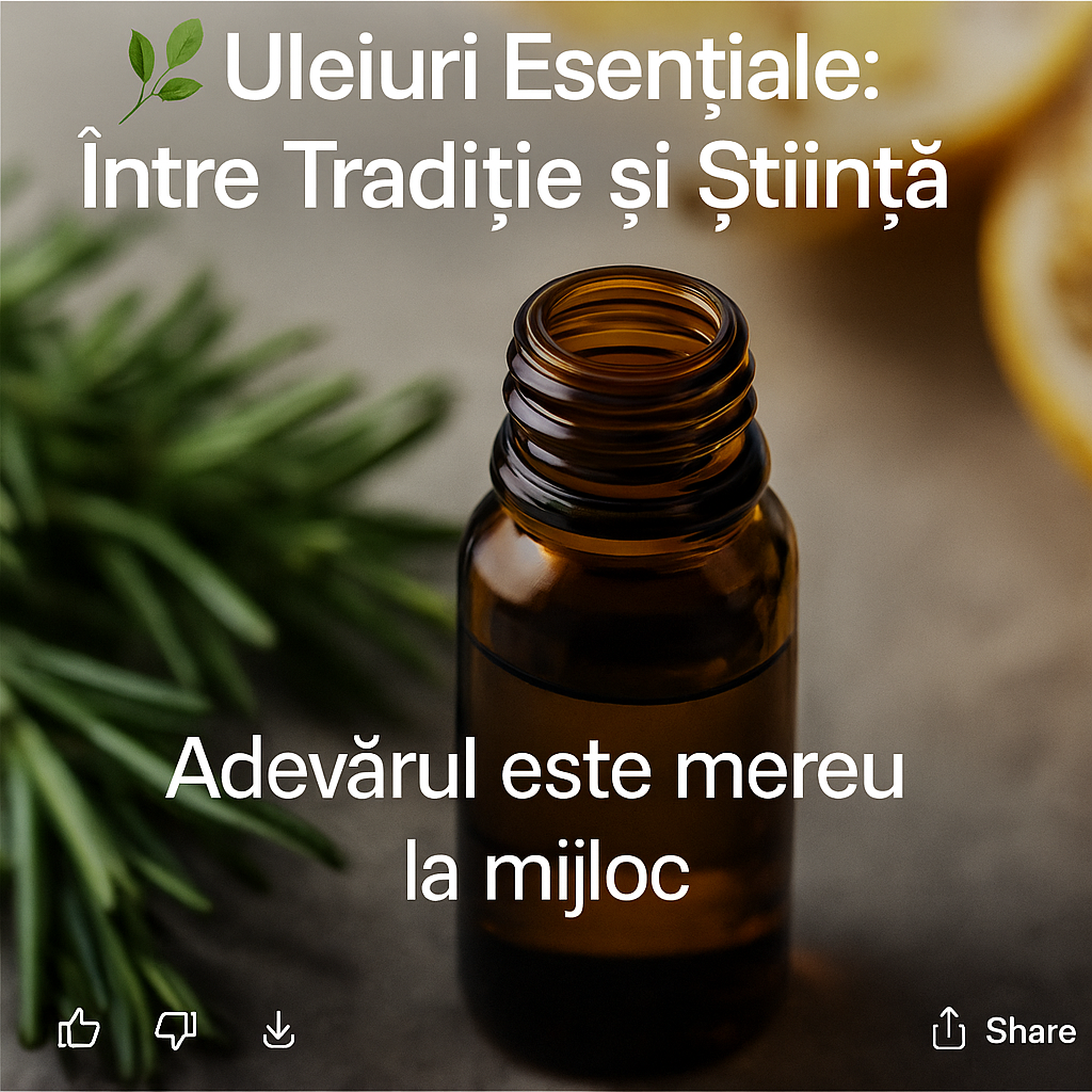 Sticluță cu ulei esențial pe fundal de plante și citrice, mesaj „Uleiuri esențiale – între tradiție și știință”