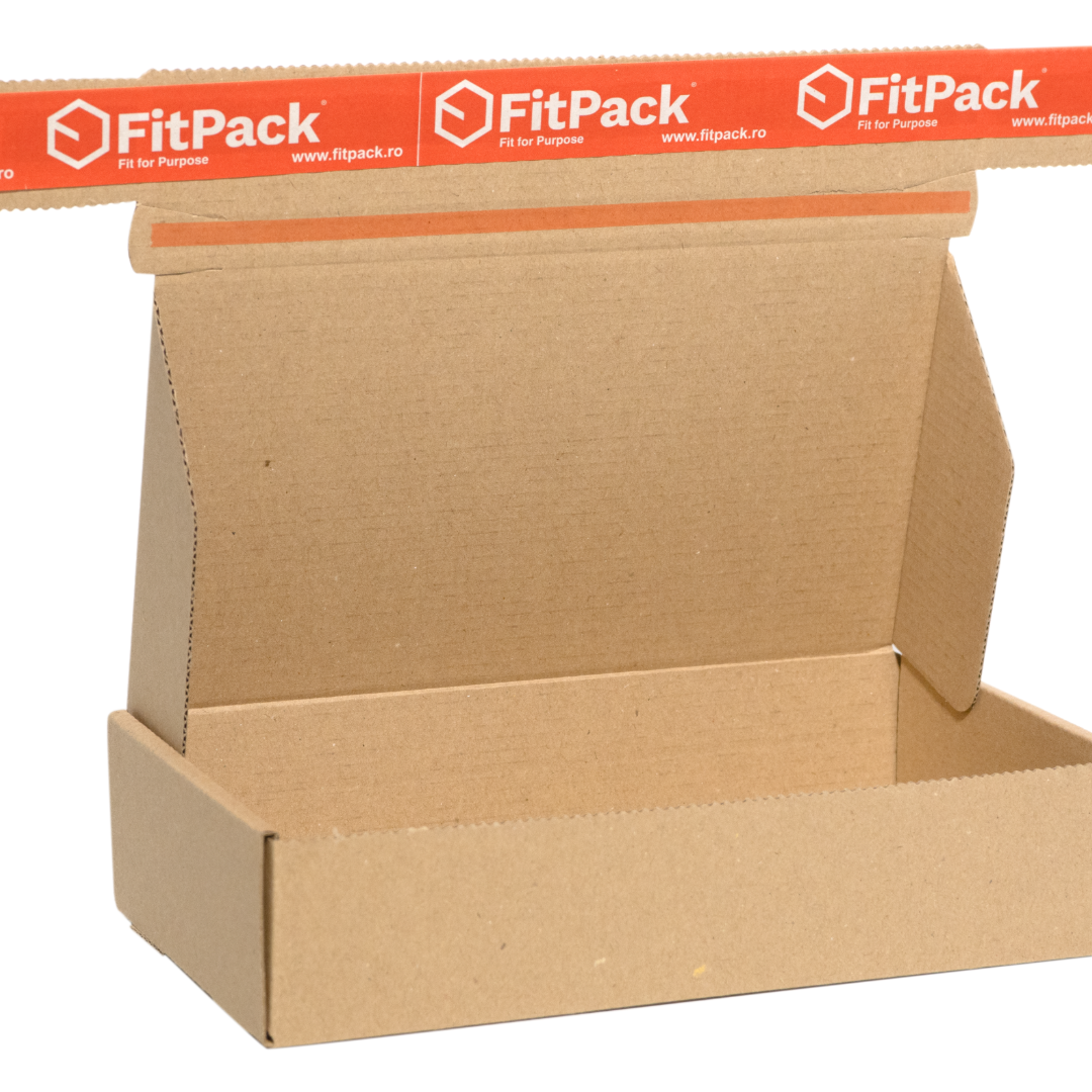Cutie e-commerce din carton ondulat, autoformare, cu bandă adezivă și bandă de rupere
