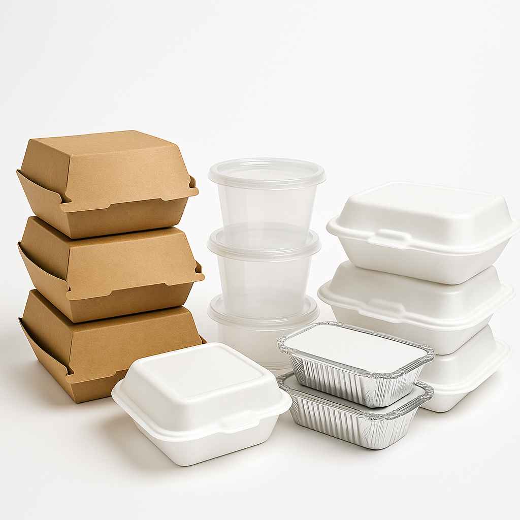 Caserole mix: carton kraft, PET/PP transparente cu capac, polistiren alb, caserole aluminiu cu capace – Netpack