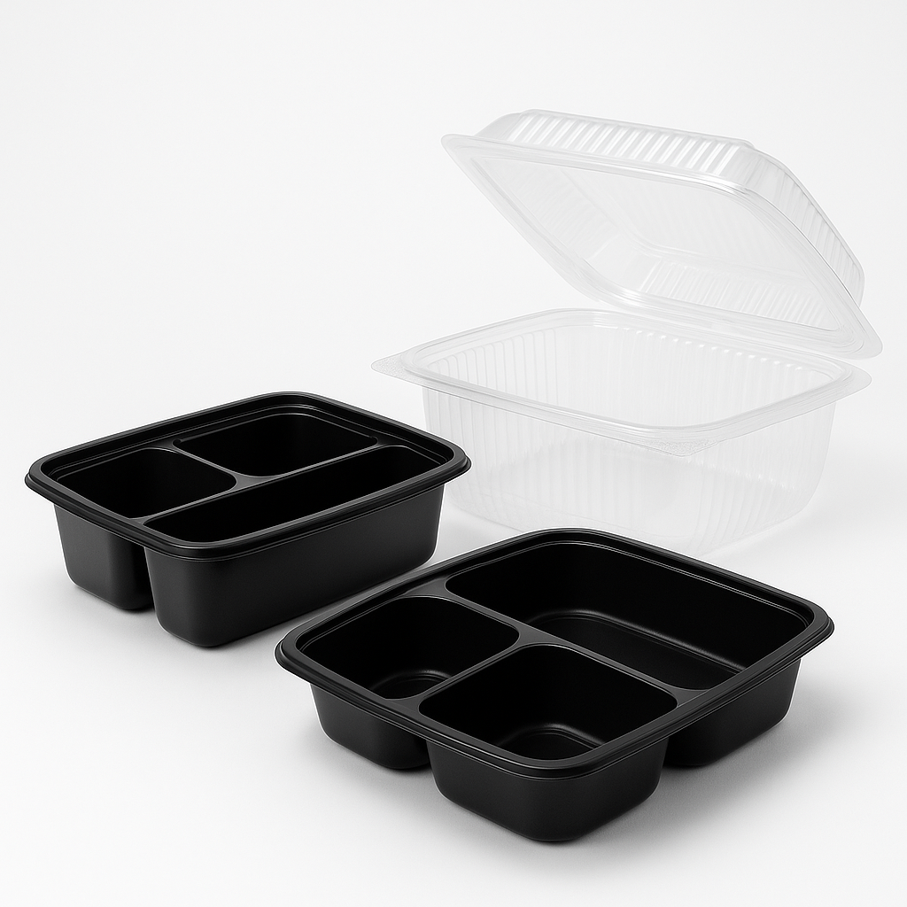 Caserole PP negre compartimentate și caserolă PET transparentă tip clamshell pentru ambalare mâncare