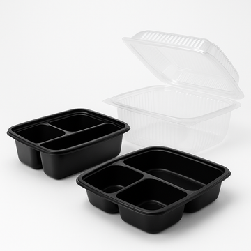 Caserole PP negre compartimentate și caserolă PET transparentă tip clamshell pentru ambalare mâncare