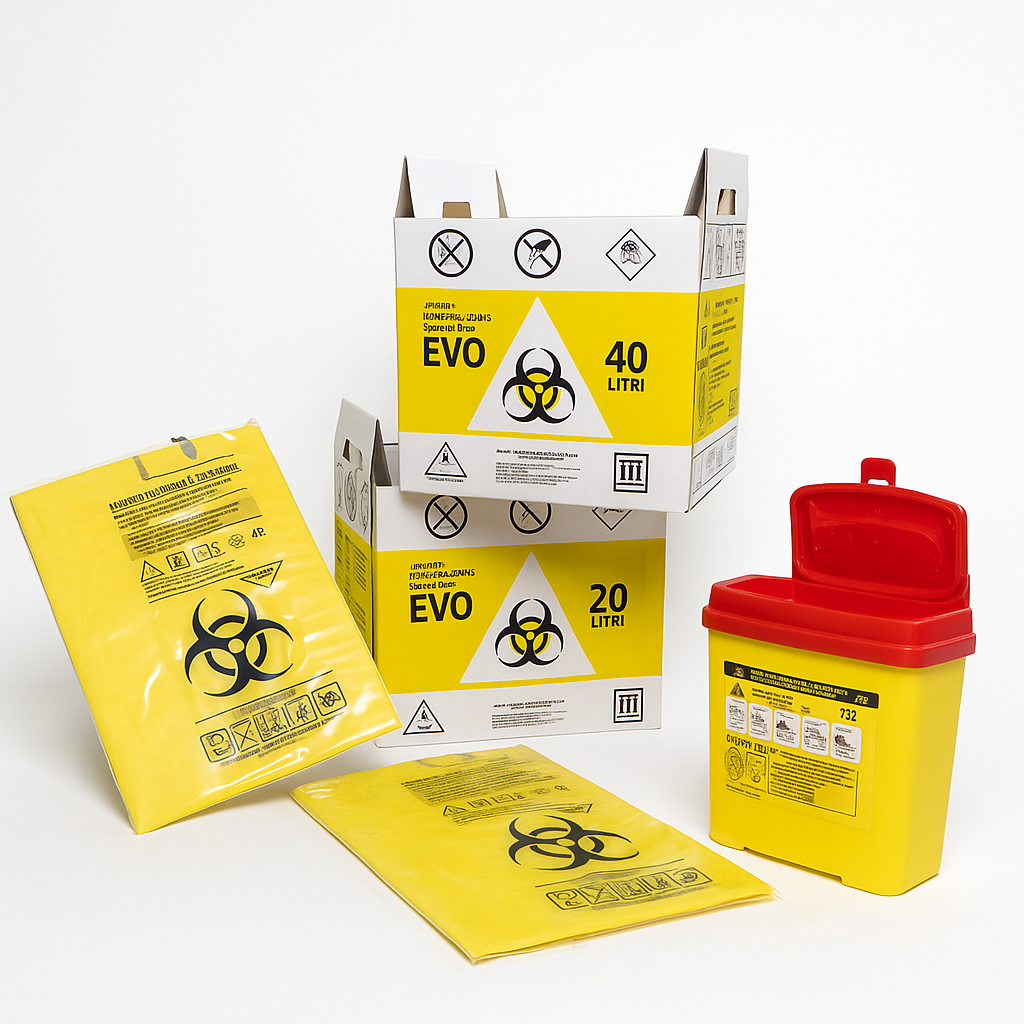 Cutii carton EVO și recipiente înțepătoare pentru deșeuri medicale, conforme ADR