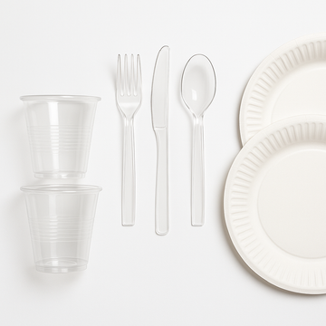 Veselă de unică folosință – pahare transparente, tacâmuri din plastic transparent și farfurii din carton pe fundal alb