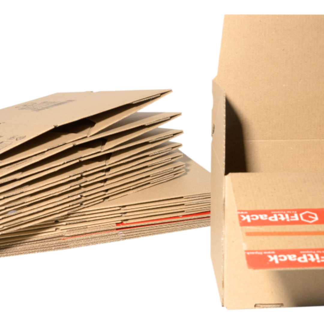FitBox – set de cutii din carton kraft compacte pentru ecommerce, cu bandă adezivă și fâșie de rupere (pachete pliate)
