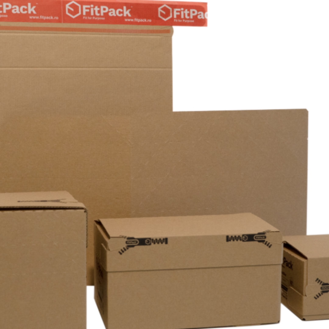 FlexiBox – set de cutii din carton kraft cu bandă adezivă și fâșie de rupere, 3 dimensiuni pentru ecommerce