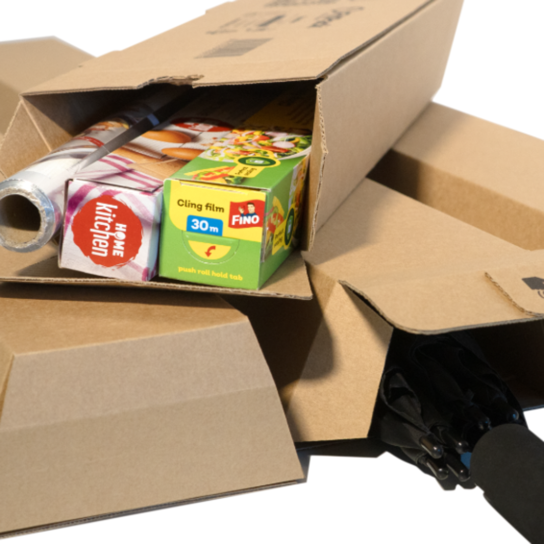 TubeBox – cutie carton tubulară e-commerce cu bandă adezivă și fâșie de rupere, deschisă, produs ambalat