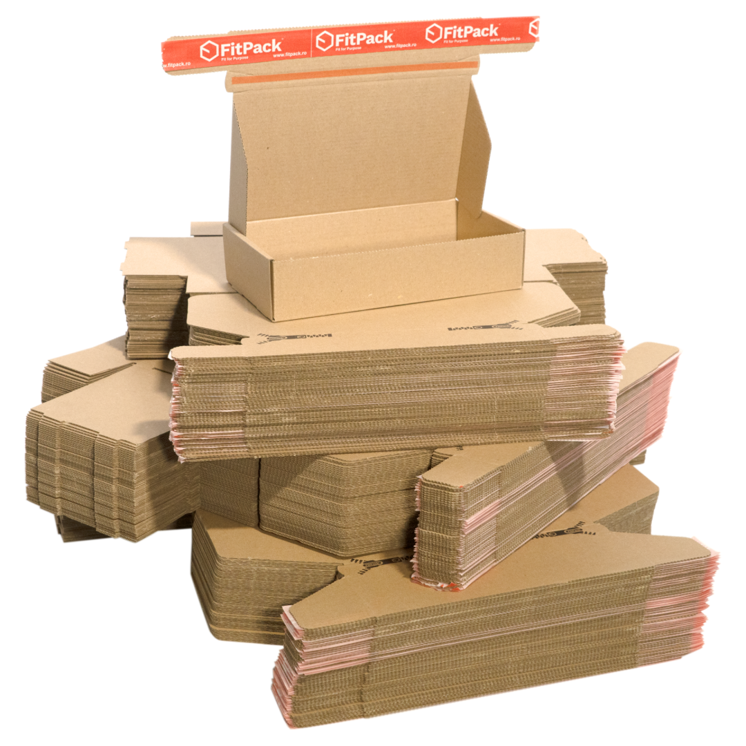 AutoBox – set de cutii din carton kraft, pliate, cu bandă adezivă și fâșie de rupere