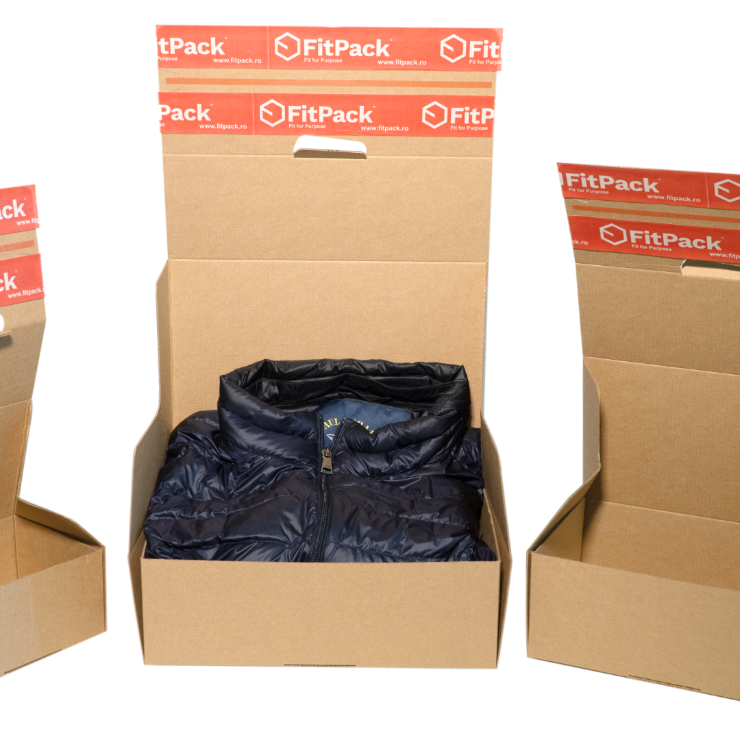 FashionBox – cutie carton e-commerce cu bandă adezivă și fâșie de rupere, produs ambalat