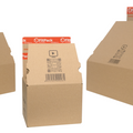 FitBox – cutie compactă din carton kraft, vedere deschis/închis, cu bandă adezivă și fâșie de rupere