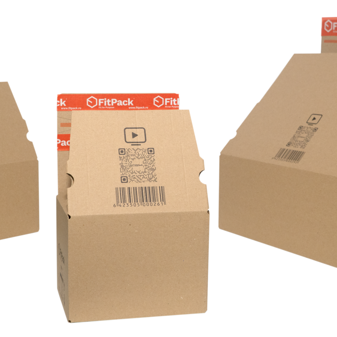 FitBox – cutie compactă din carton kraft, vedere deschis/închis, cu bandă adezivă și fâșie de rupere