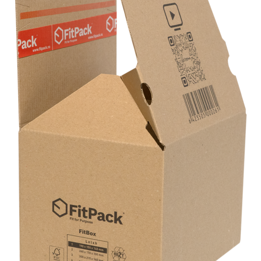 FitBox – set de cutii din carton kraft compacte pentru ecommerce, cu bandă adezivă și fâșie de rupere (pachete pliate)