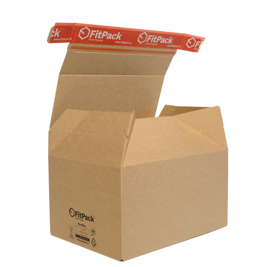 FlexiBox – set de cutii din carton kraft cu bandă adezivă și fâșie de rupere, 3 dimensiuni pentru ecommerce