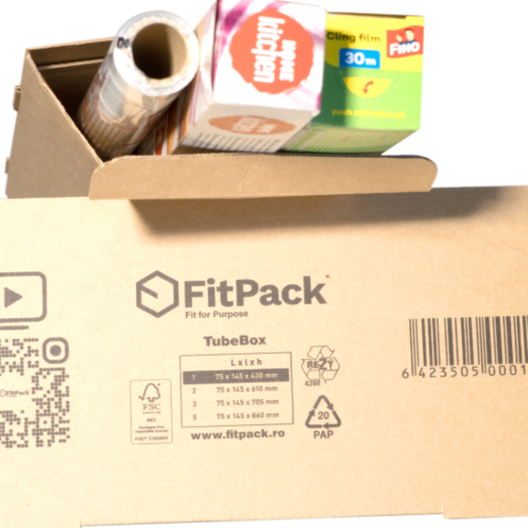 TubeBox – cutie carton tubulară e-commerce cu bandă adezivă și fâșie de rupere, deschisă, produs ambalat
