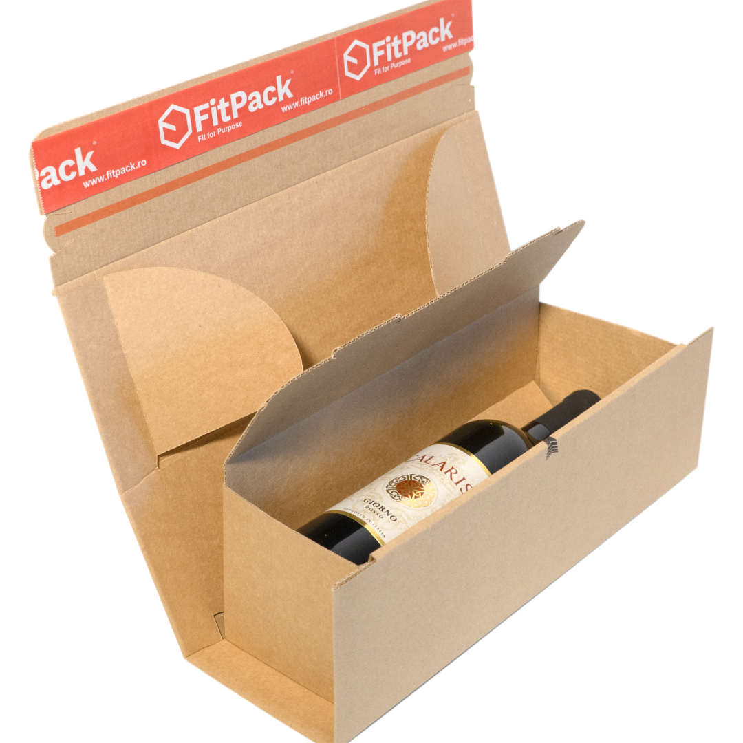 WineBox – Cutii Carton pentru Sticle cu Bandă Adezivă și Fâșie de Rupere