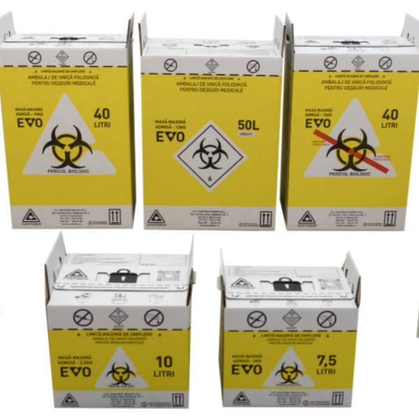 Set cutii carton EVO pentru deșeuri infecțioase 7,5–50 L, galben