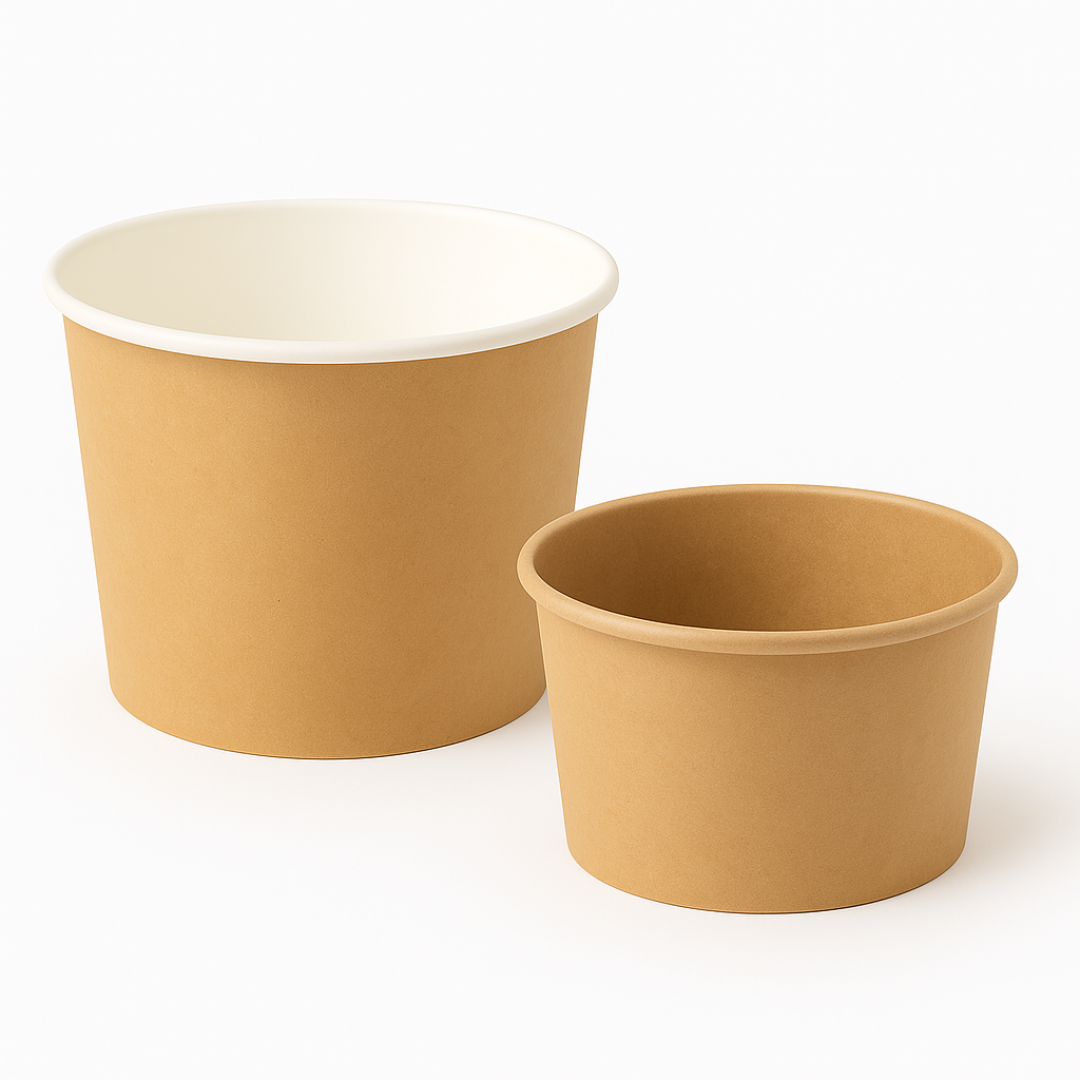 Boluri Supă Carton Kraft Natur + Capace – 500 ml (16 oz) și 600 ml (20 oz) | 50 buc/set