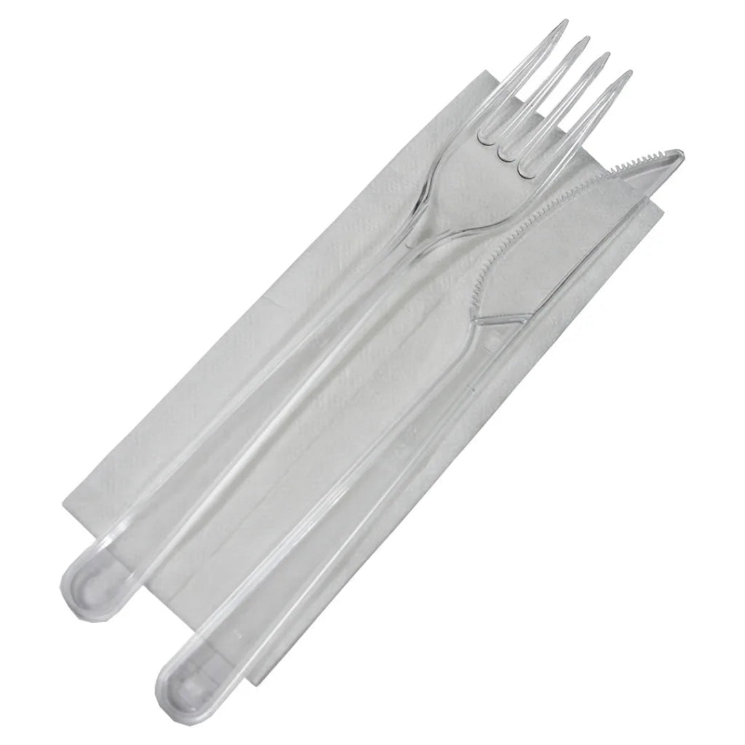 Set tacâmuri unică folosință cu șervețel – furculiță, cuțit, lingură (tris)