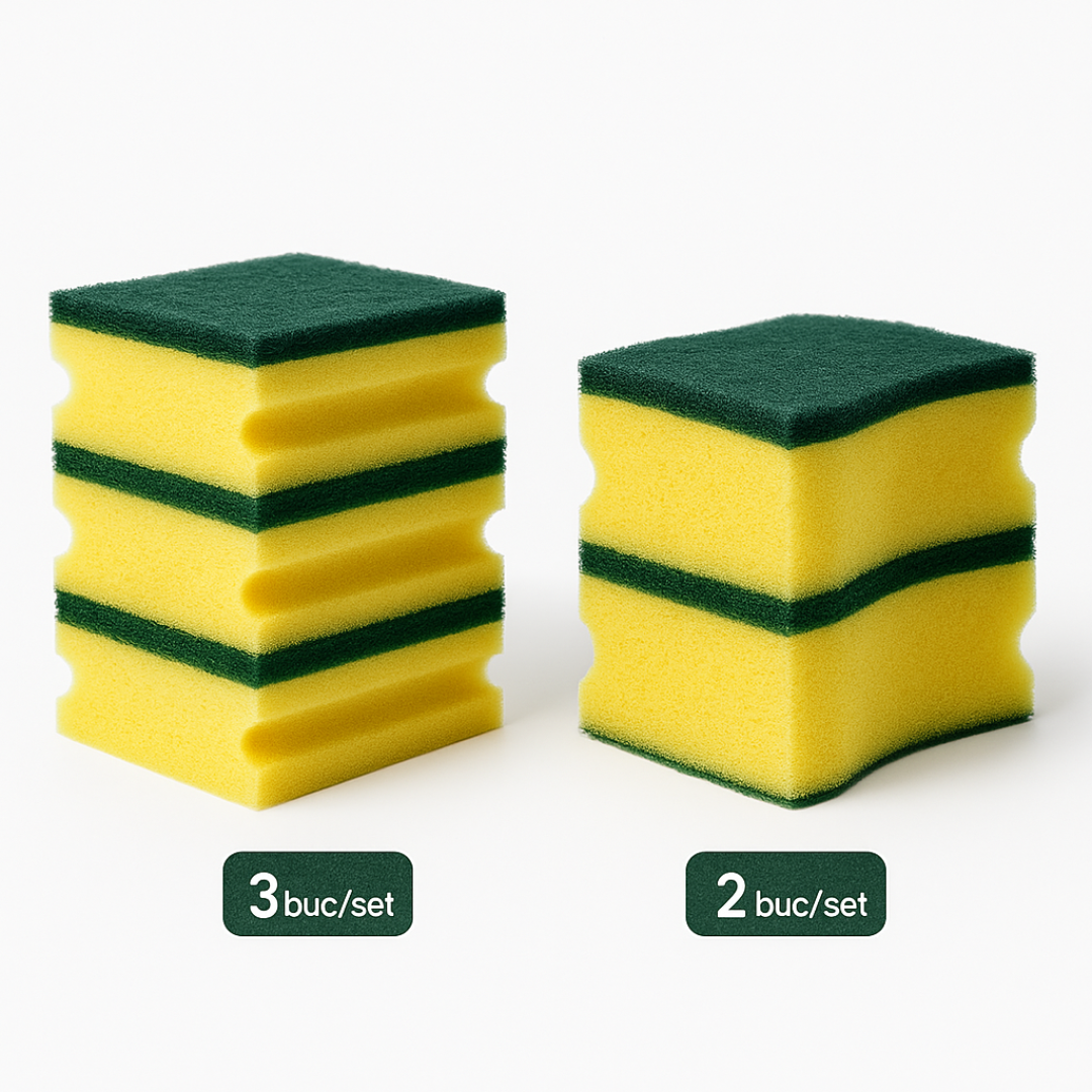 Bureți vase cu canelură, set 2–3 bucăți, Standard și Jumbo Profesionali – Netpack