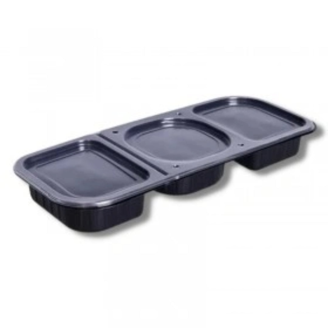 Caserole Lungi Negre cu 3 Compartimente și Capac Inclus – Set 100 buc
