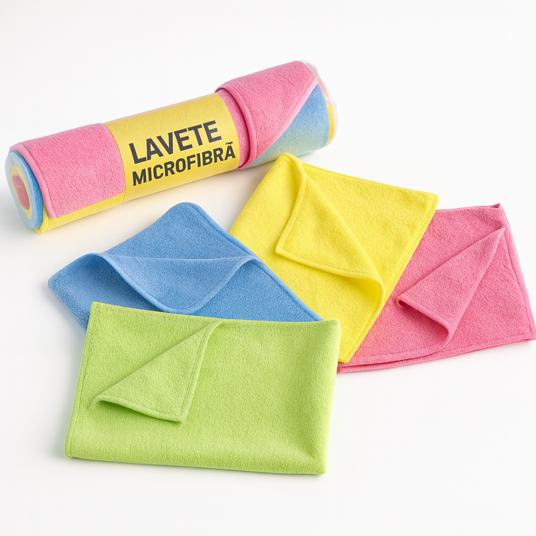 Lavete microfibră colorate – galben, albastru și portocaliu, foto produs pe fundal alb | Netpack