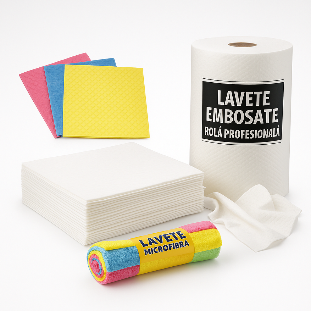 Lavete profesionale pentru curățenie – microfibră color, lavete umede și uscate fără ambalaj și rolă embosată în cutie | Netpack