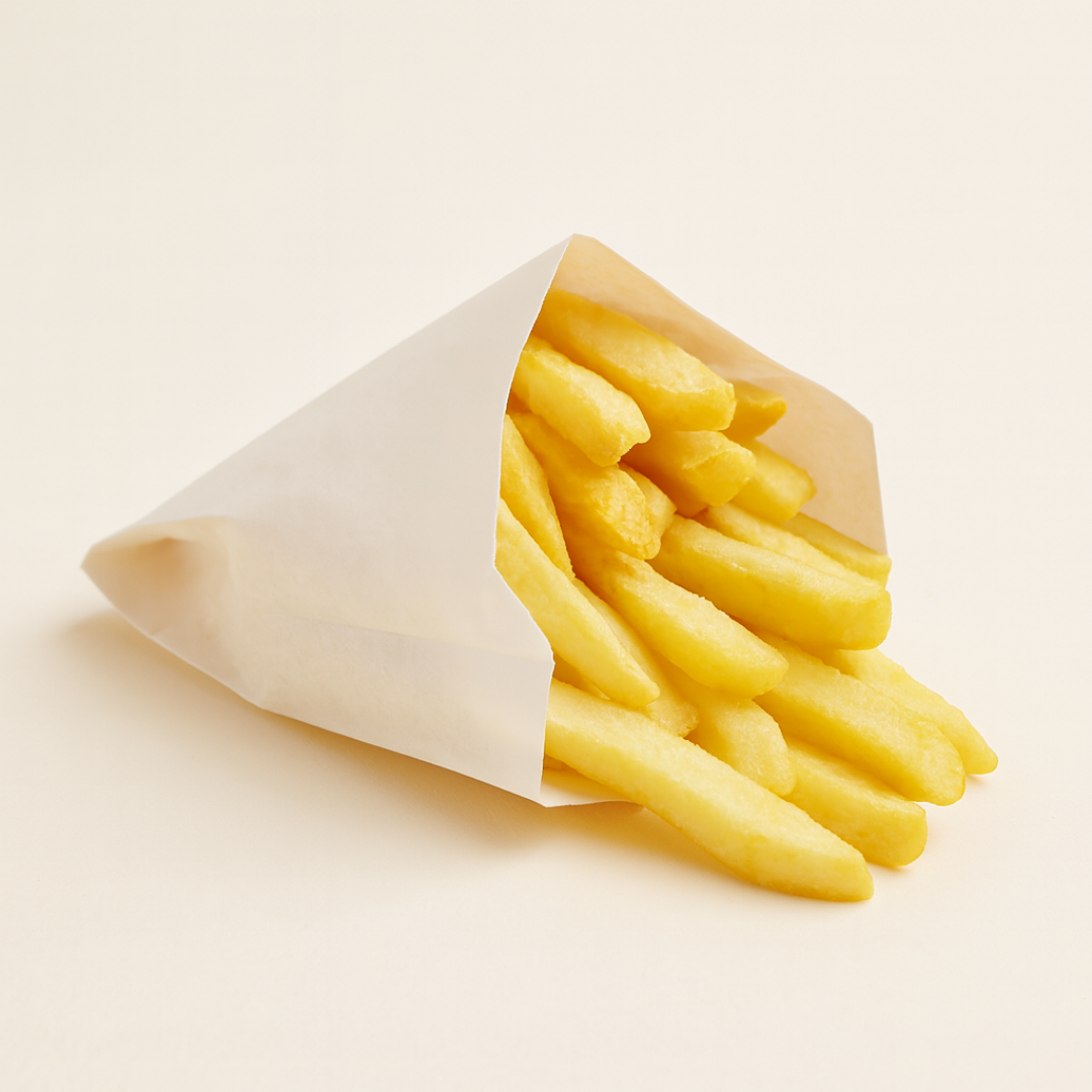 Pungă albă din hârtie pentru cartofi prăjiți – ambalaj alimentar Netpack